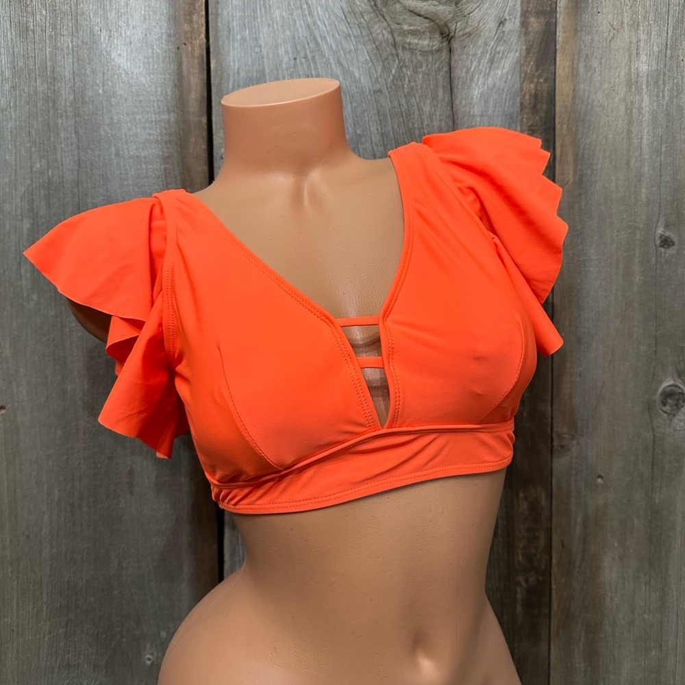 Pfreesea V-neck Front Crop Ruffle Swim Bikini Top in Orange Size Small